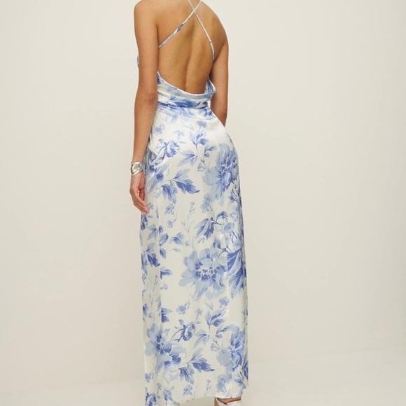 Reformation Myla Silk Dress Size 8 Meringue blue and white Maxi Silk Dress - Picture 3 of 8